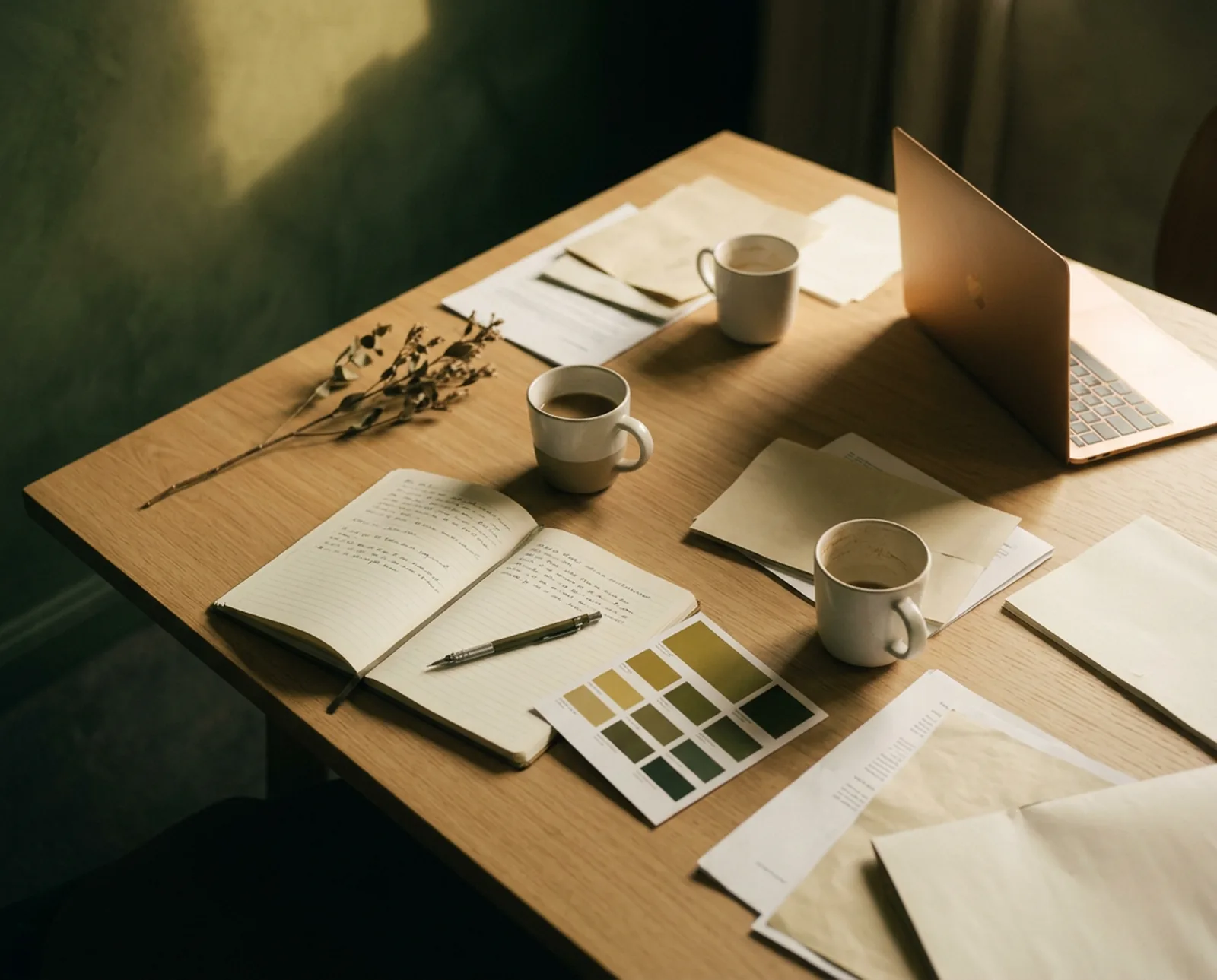 A wooden desk seen from above with an open notebook, a pen, colour swatches and two cups of coffee