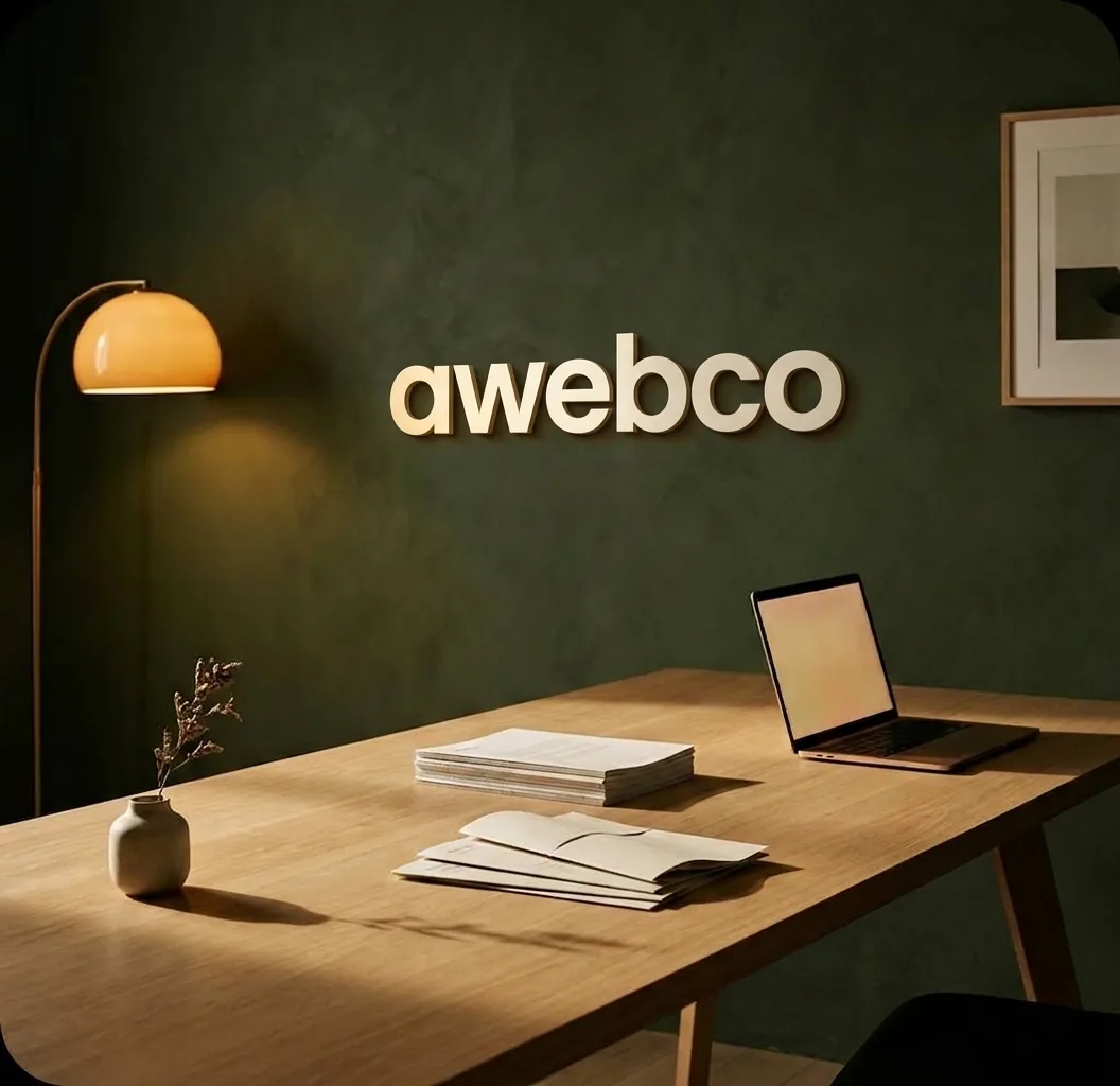 Awebco signage on a green studio wall above a workspace desk